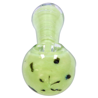 Top-down close-up of the Smoke Cartel Frit Marble Rim Pastel Spoon Pipe - 3.5 in., showing its pale green rounded bowl with dark frit speckles and glossy highlights