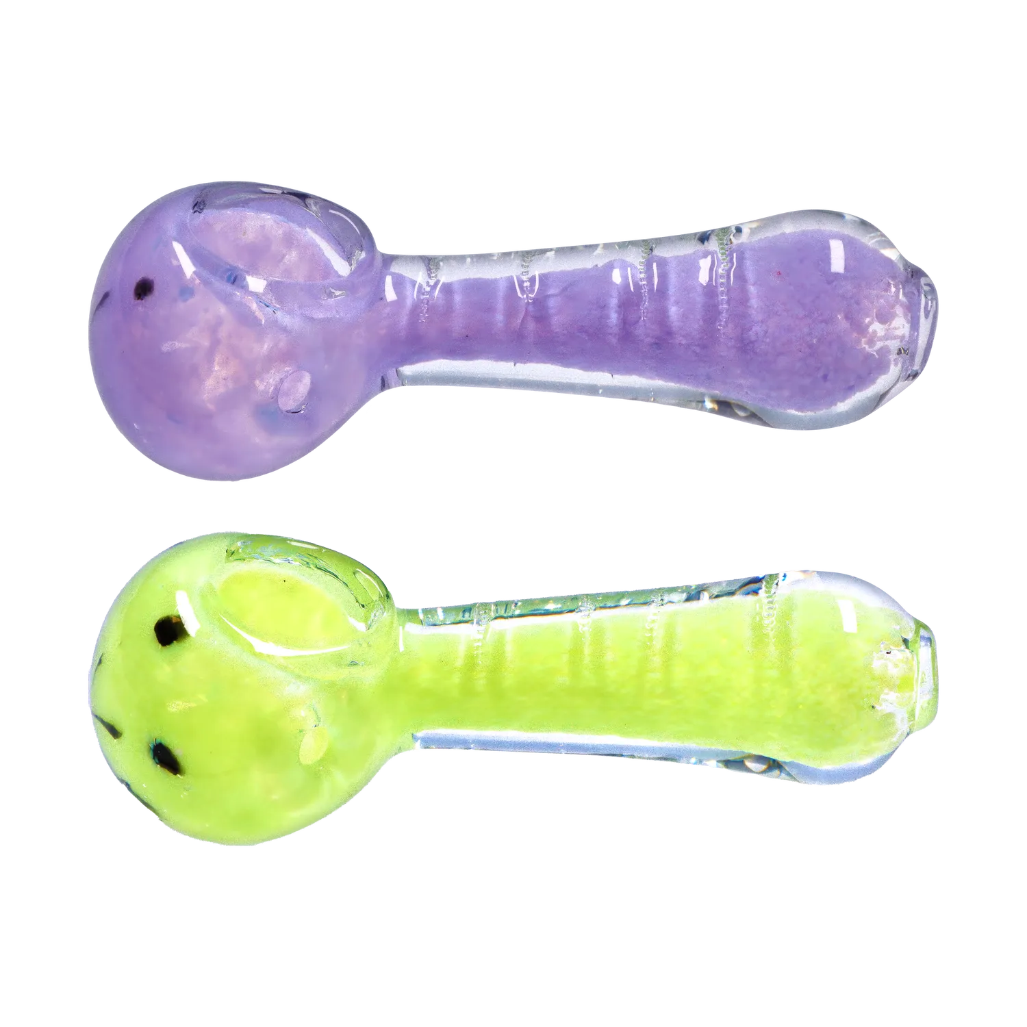 Top-down view of two frit glass spoon pipes, the Smoke Cartel Frit Marble Rim Pastel Spoon Pipe - 3.5 in. in purple above a lime green variant, both on a white background.
