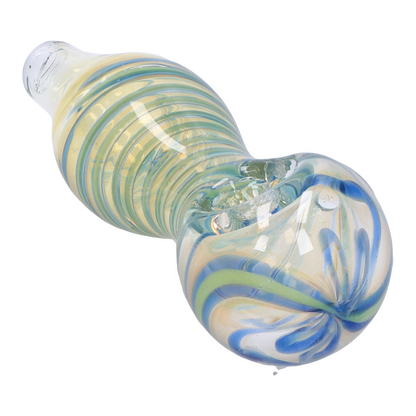 Angled close-up of the Smoke Cartel Frit Fumed with Piping Spoon Pipe - 2.5 in., showing its swirled blue, green, and pale yellow glass bands and rounded bowl.