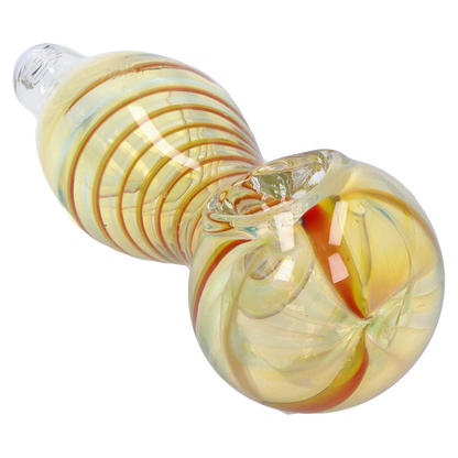 Angled close-up of the Smoke Cartel Frit Fumed with Piping Spoon Pipe - 2.5 in. showing translucent yellow glass with red, green and amber spiral piping and a rounded bowl.