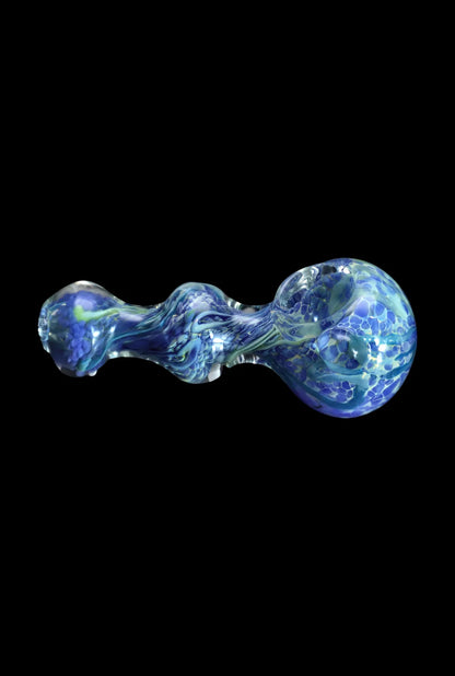 Side view of a blue and green swirled glass Smoke Cartel Fancy Frit Spoon Pipe - 3.5 in. against a black background.