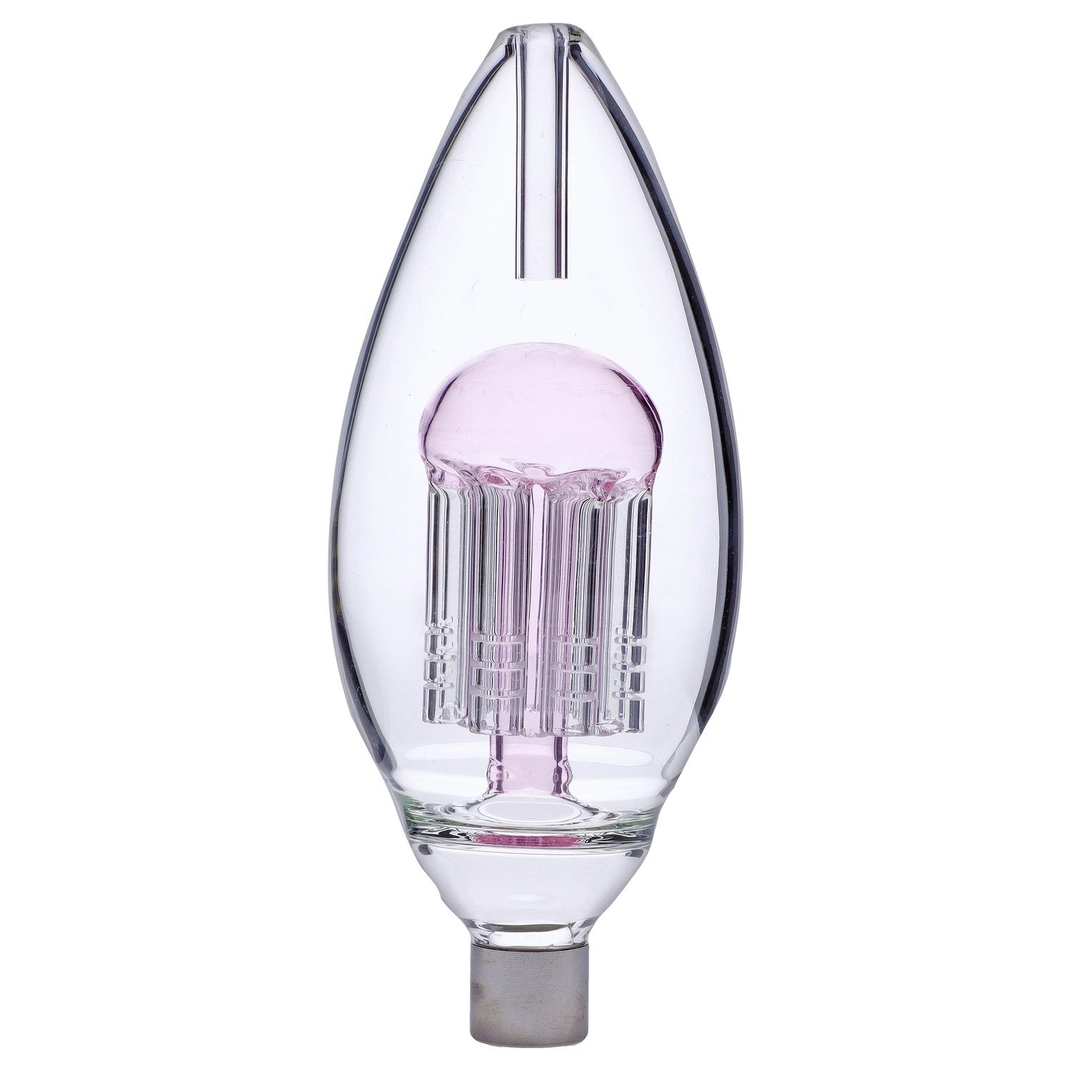 Centered front view of the Smoke Cartel Egg with Tree Perc Nectar Collector - 14mm showing a teardrop-shaped clear glass chamber with a pink jellyfish-like tree percolator inside.