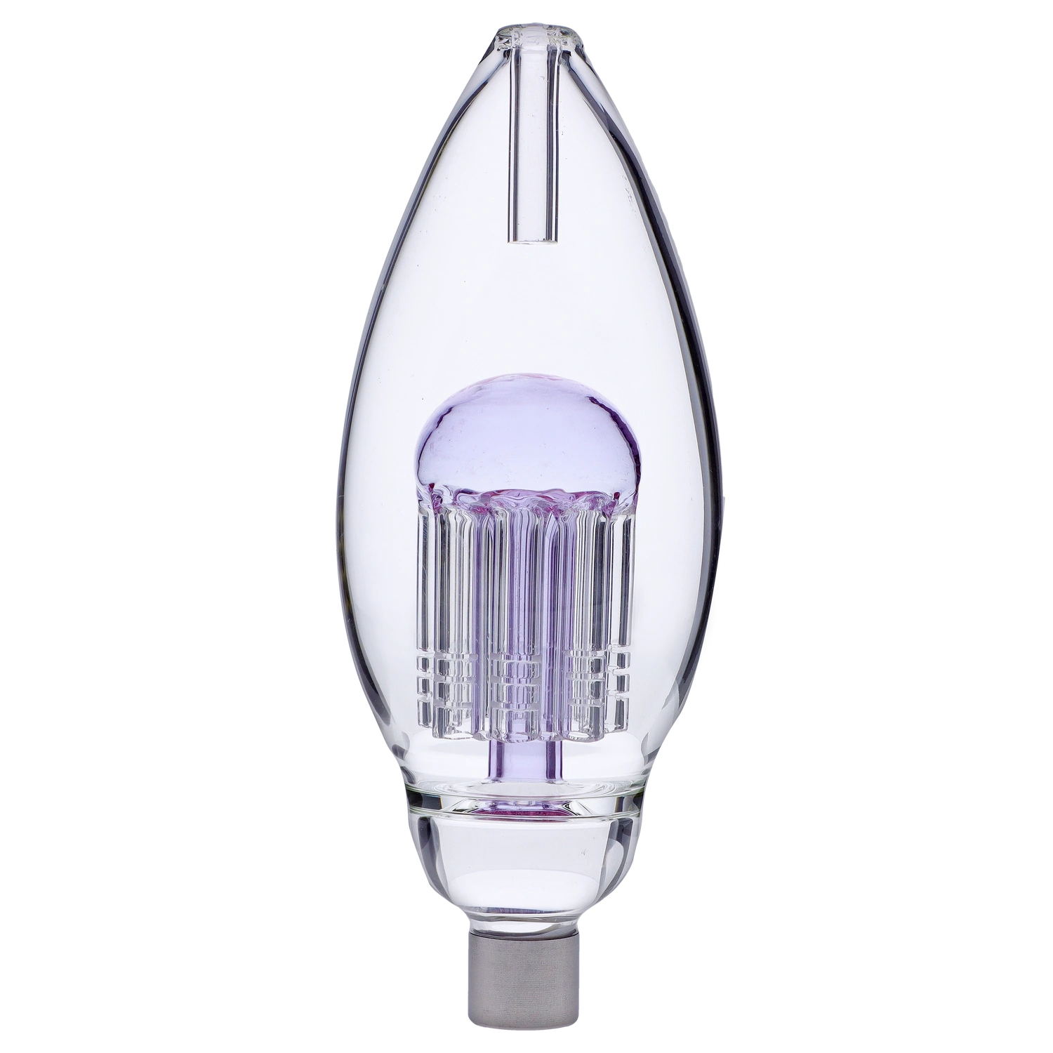 Centered close-up of the Smoke Cartel Egg with Tree Perc Nectar Collector - 14mm showing its teardrop glass body and purple tree percolator inside against a soft gray gradient background