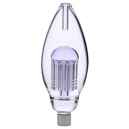 Centered close-up of the Smoke Cartel Egg with Tree Perc Nectar Collector - 14mm showing its teardrop glass body and purple tree percolator inside against a soft gray gradient background