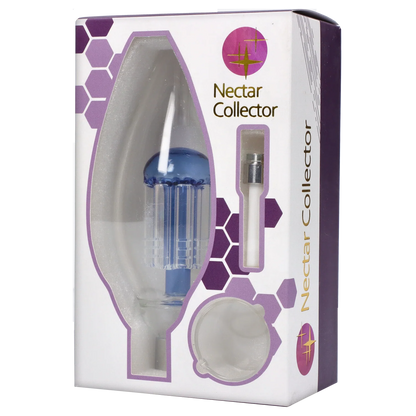 Front-facing boxed view of the Smoke Cartel Egg with Tree Perc Nectar Collector - 14mm showing the blue tree percolator visible through an oval window and a small metal tip in a purple-accented white package.