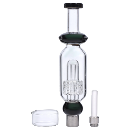 Straight-on studio shot of the Smoke Cartel Shower Head Perc Nectar Collector - 14mm showing the clear glass chamber with internal showerhead percolator and black-accented top and midsection.