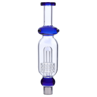Centered front view of the Smoke Cartel Shower Head Perc Nectar Collector - 14mm showing a clear glass body with a blue-sleeved mouthpiece and matching blue accents against a neutral background