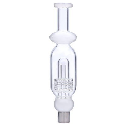 Centered vertical studio shot of the Smoke Cartel Shower Head Perc Nectar Collector - 14mm showing its clear glass chamber, internal showerhead percolator grid, and reflective metal tip.