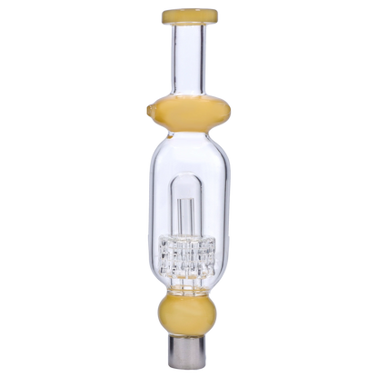 Centered vertical close-up of the Smoke Cartel Shower Head Perc Nectar Collector - 14mm showing its clear glass body with a yellow rim and bulb, interior showerhead percolator visible.