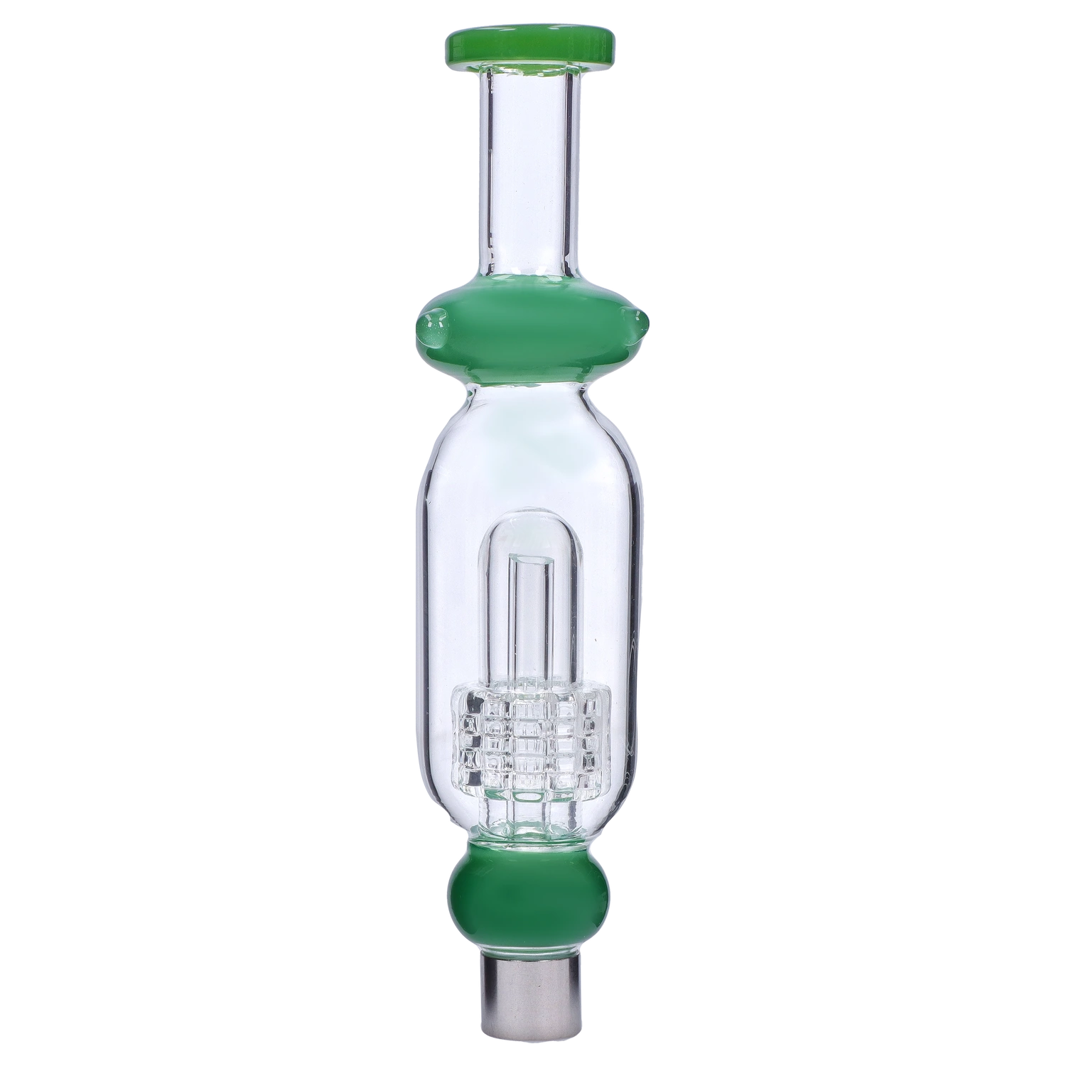 Centered vertical close-up of the Smoke Cartel Shower Head Perc Nectar Collector - 14mm showing a clear glass chamber with a green rounded percolator collar and matching mouthpiece.
