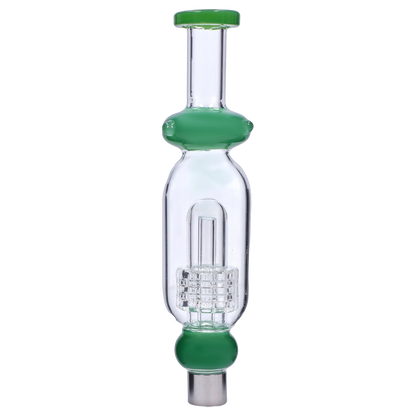 Centered vertical close-up of the Smoke Cartel Shower Head Perc Nectar Collector - 14mm showing a clear glass chamber with a green rounded percolator collar and matching mouthpiece.