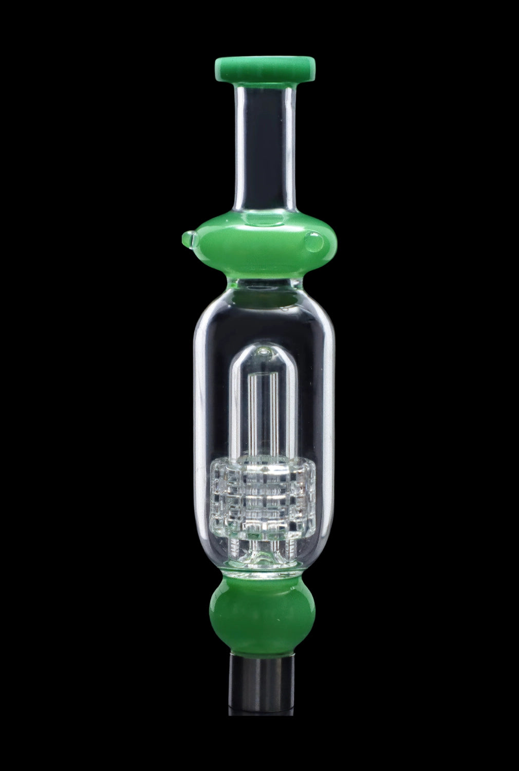 A straight-on view of the SC Shower Head Perc Nectar Collector, showcasing its clear glass construction and unique showerhead perc design.