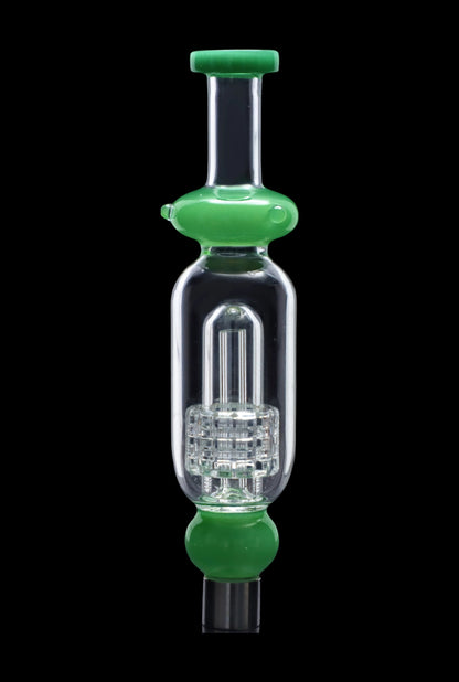 A straight-on view of the SC Shower Head Perc Nectar Collector, showcasing its clear glass construction and unique showerhead perc design.