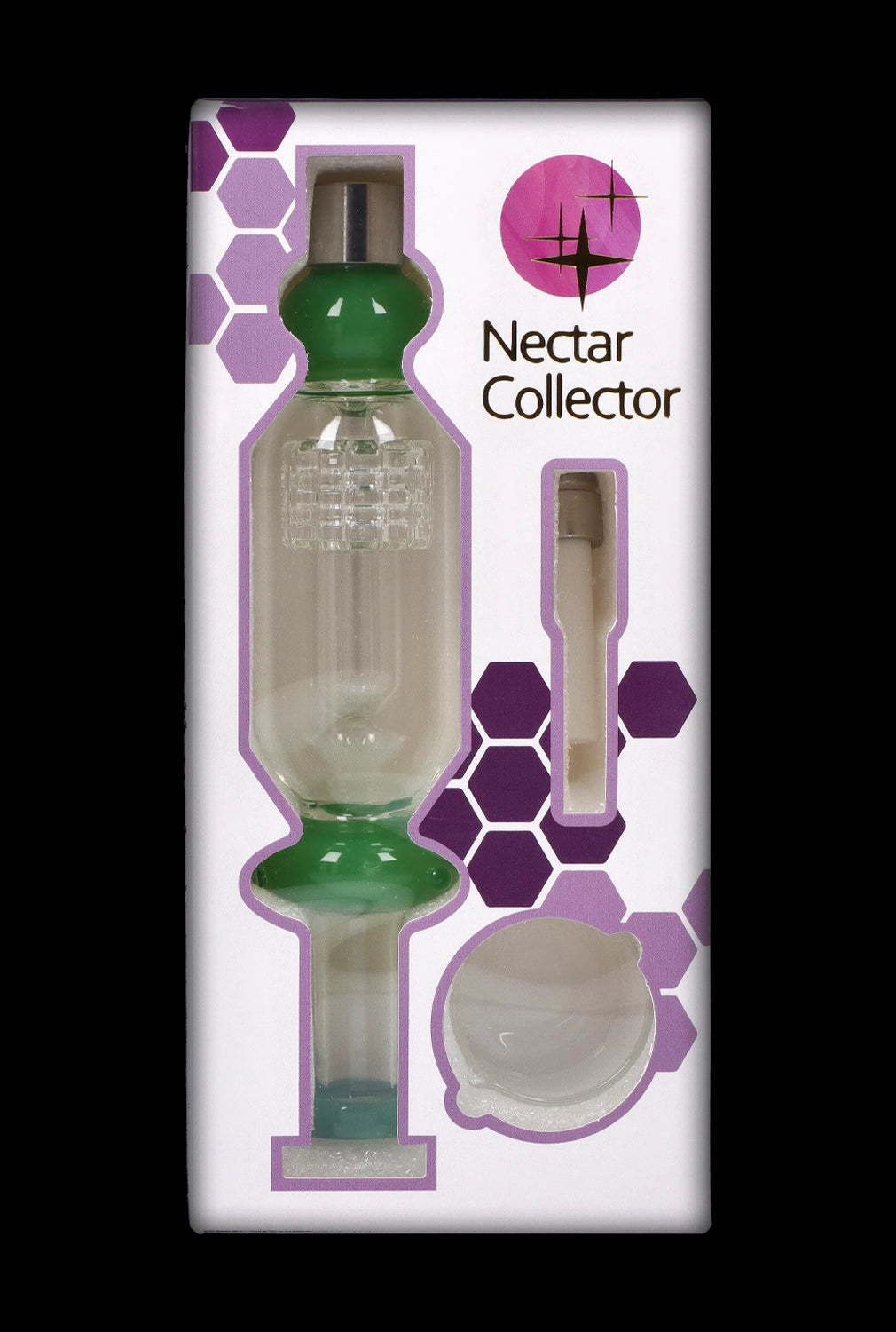 A front view of the SC Shower Head Perc Nectar Collector - 14mm, showing a translucent glass collector against a purple hexagonal background.