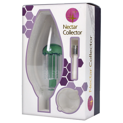 Angled front view of the Smoke Cartel Egg With Tree Perk Blue Nectar Collector visible through its white and purple windowed packaging, showing the green tree-perc top and metal tip insert.