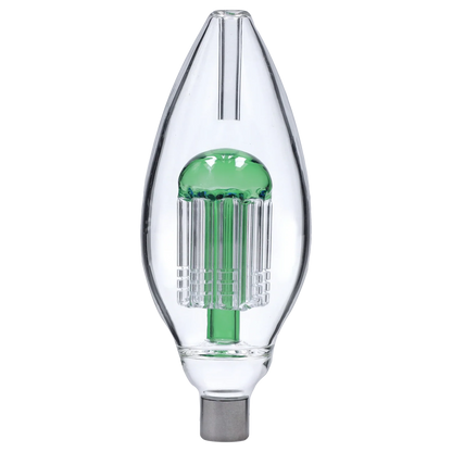 Close-up front view of the Smoke Cartel Egg With Tree Perk Blue Nectar Collector showing its clear egg-shaped glass body and green tree-perc interior.