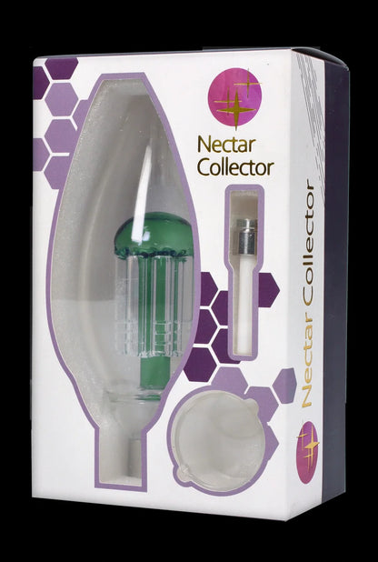 Angled front view of the Smoke Cartel Egg With Tree Perk Blue Nectar Collector in its white and purple windowed box showing the green tree-perc glass piece and silicone base.