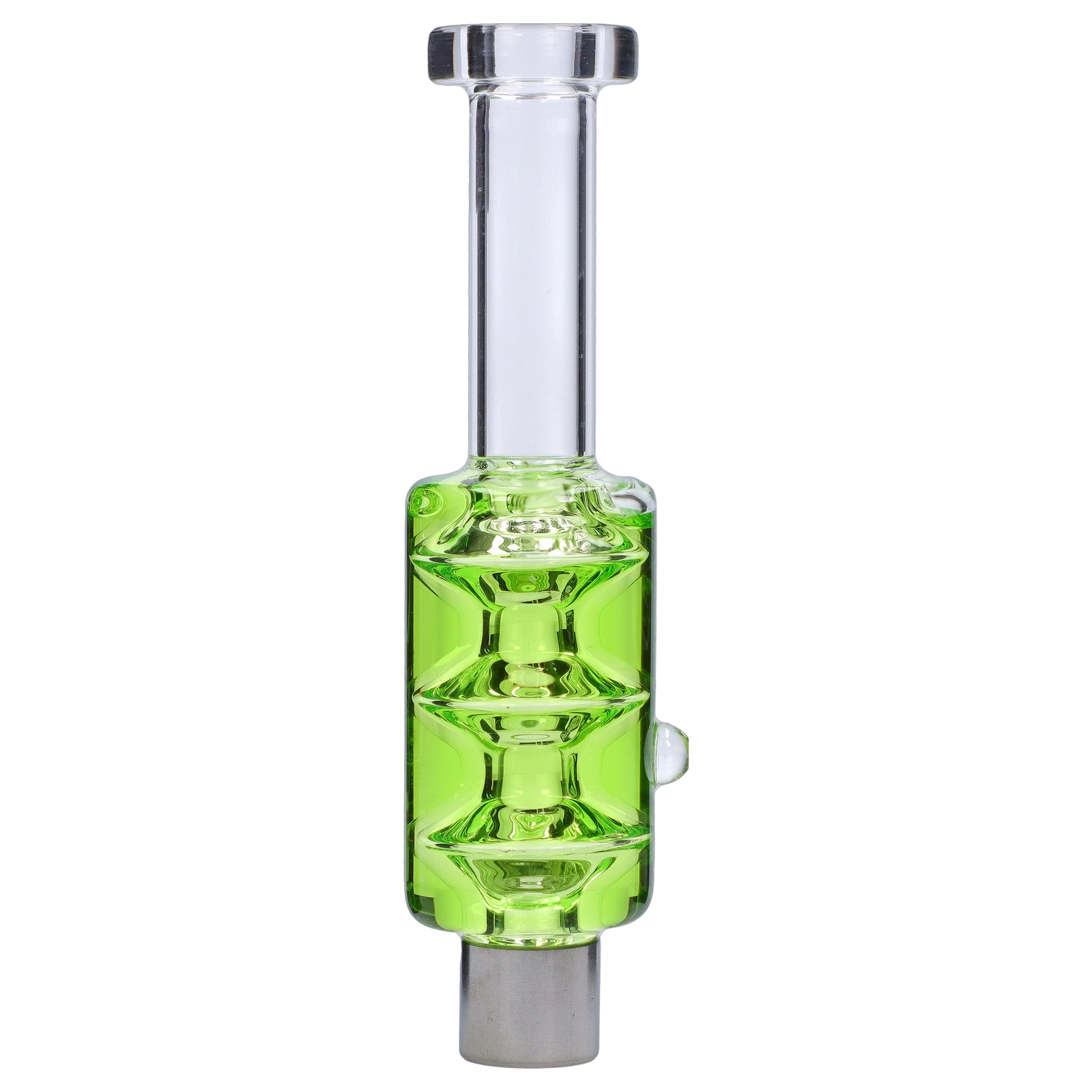 Straight-on studio shot of the Smoke Cartel Freezable Glycerin Nectar Collector showing its clear mouthpiece and bright translucent green glycerin chamber.