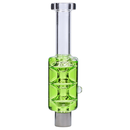 Straight-on studio shot of the Smoke Cartel Freezable Glycerin Nectar Collector showing its clear mouthpiece and bright translucent green glycerin chamber.