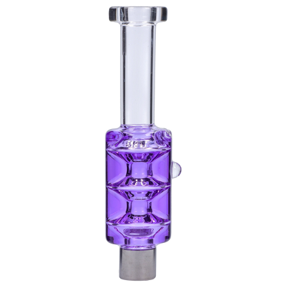 Straight-on view of a purple glass chamber and clear mouthpiece of the Smoke Cartel Freezable Glycerin Nectar Collector.