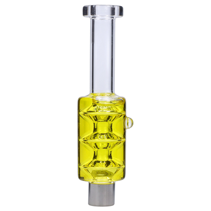 Close-up vertical shot of a transparent yellow glass chamber on the Smoke Cartel Freezable Glycerin Nectar Collector against a neutral striped background.