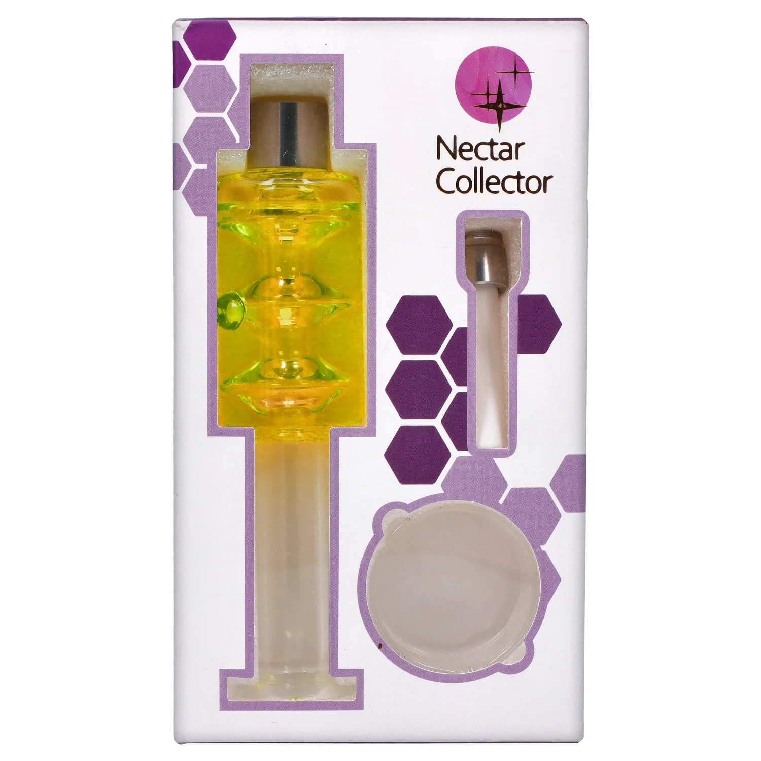 Top-down view of the Smoke Cartel Freezable Glycerin Nectar Collector in yellow nestled in its white and purple hexagon-accented packaging.