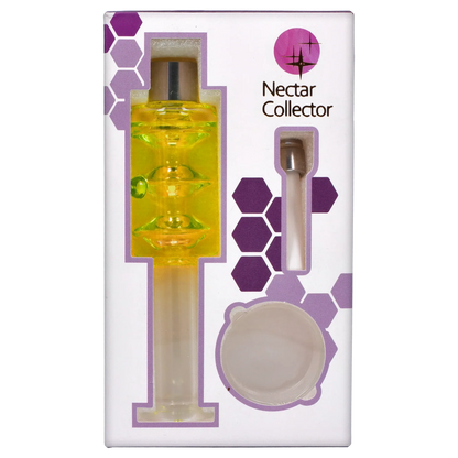 Top-down view of the Smoke Cartel Freezable Glycerin Nectar Collector in yellow nestled in its white and purple hexagon-accented packaging.