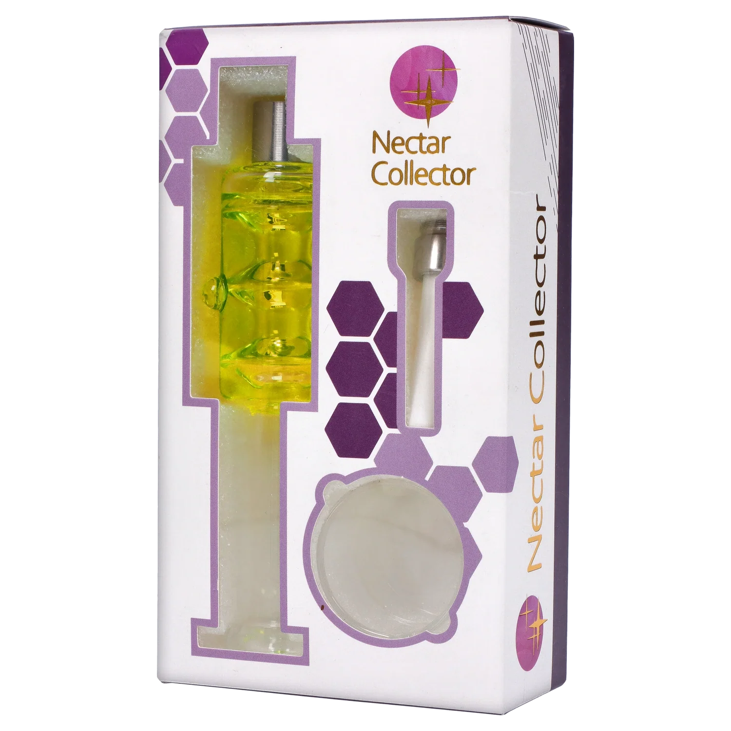 Angled front view of the Smoke Cartel Freezable Glycerin Nectar Collector in its white box, showing a yellow glass piece and metal tip through die-cut windows.