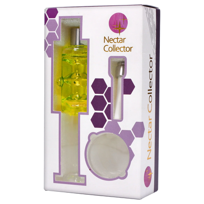Angled front view of the Smoke Cartel Freezable Glycerin Nectar Collector in its white box, showing a yellow glass piece and metal tip through die-cut windows.