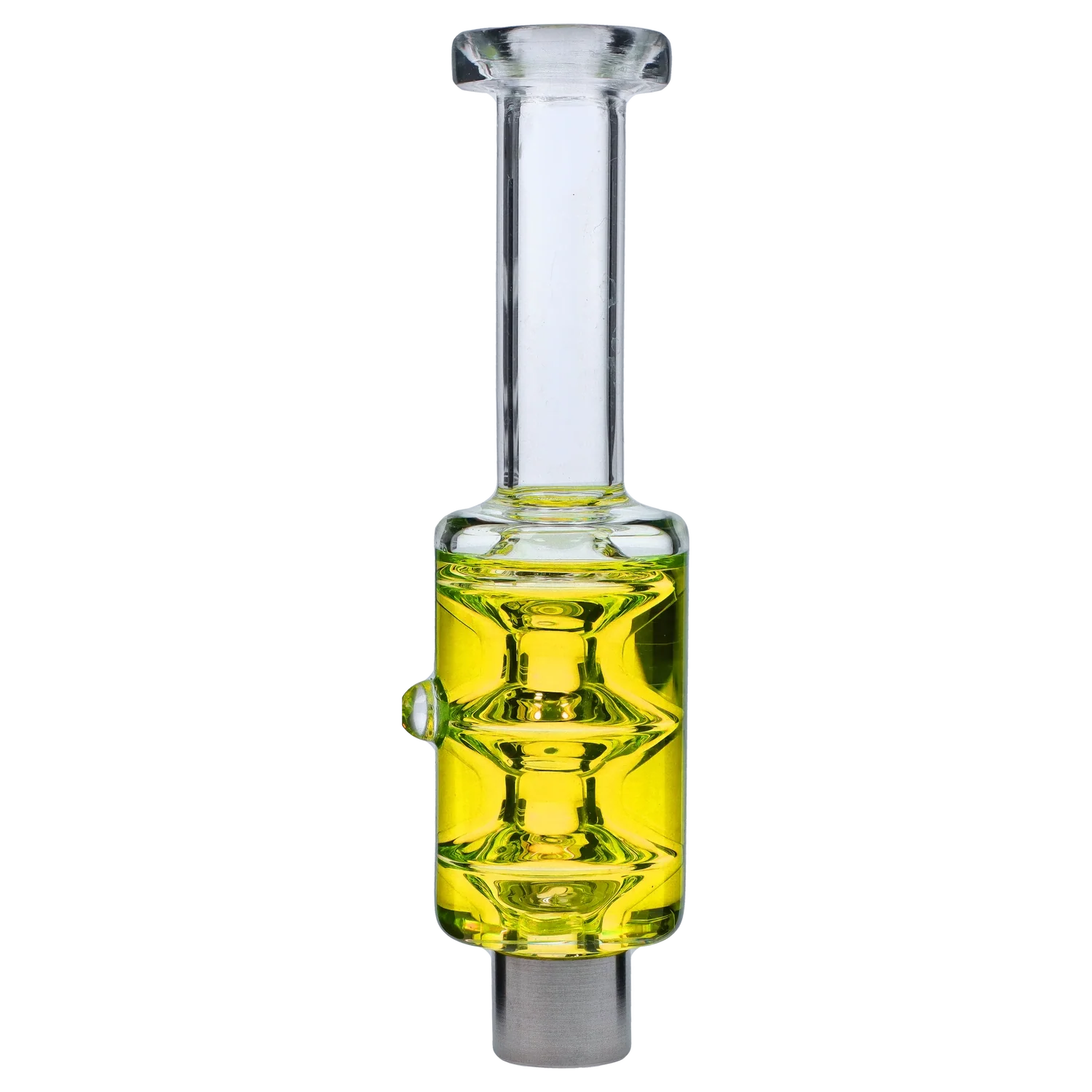 Vertical close-up of the Smoke Cartel Freezable Glycerin Nectar Collector showing a clear glass tube above a bright yellow glycerin chamber with a stainless tip.