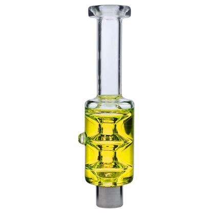 Vertical close-up of the Smoke Cartel Freezable Glycerin Nectar Collector showing a clear glass tube above a bright yellow glycerin chamber with a stainless tip.
