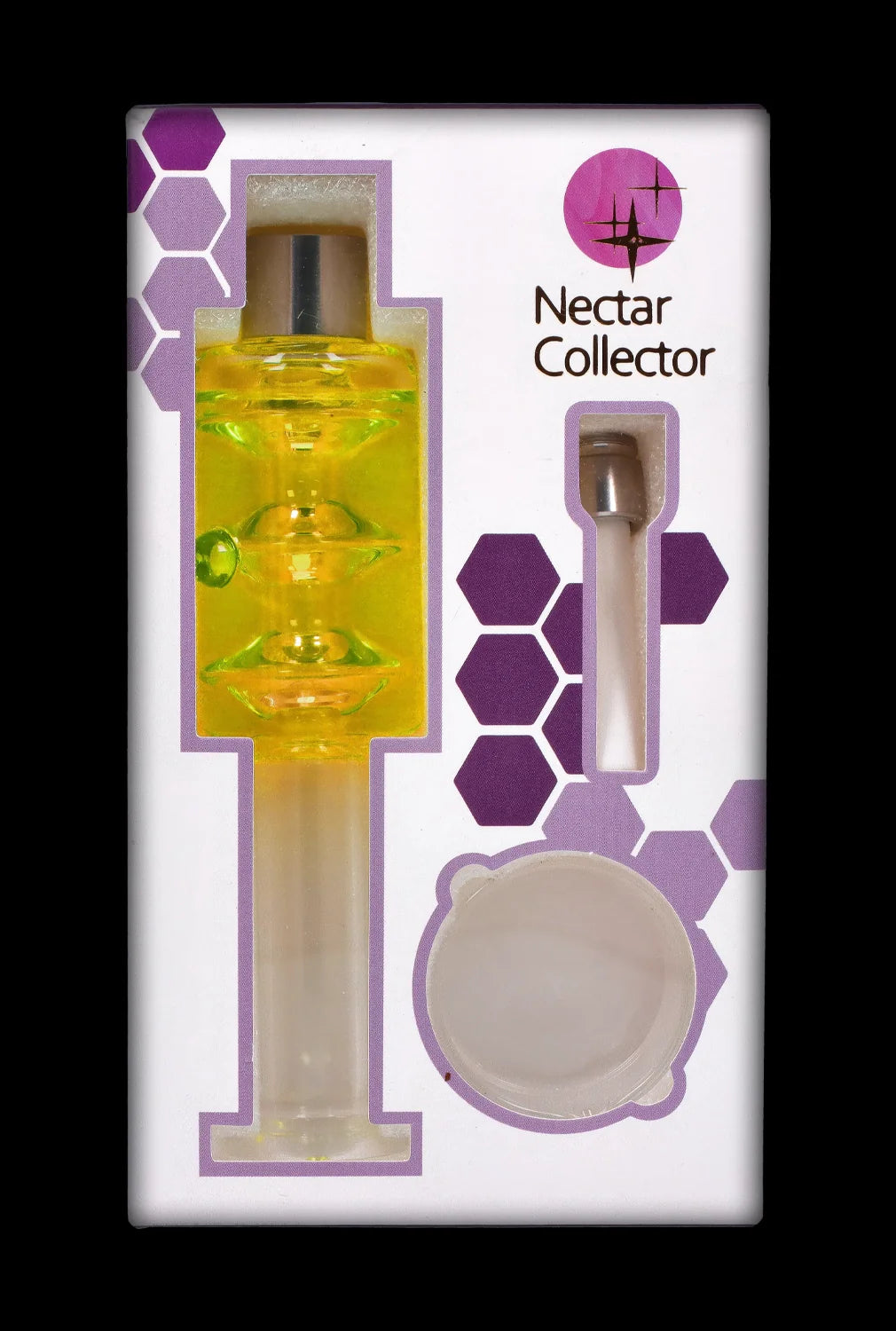 A front view of the SC Freezable Glycerin Nectar Collector shows a clear glass tip and mouthpiece against a geometric patterned background.