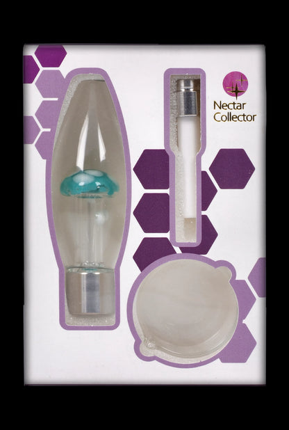 A detailed view of the SC Mini Egg with Mushroom Perc Nectar Collector, featuring a clear glass perc tip against a dark purple background.