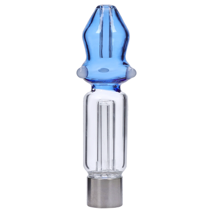 Centered close-up of the Smoke Cartel Mini Mosque Nectar Collector - 10mm showing a blue glass top with two thumb knobs above a clear percolator tube and metal tip.