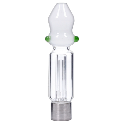 Vertical close-up of the Frost Smoke Cartel Mini Mosque Nectar Collector - 10mm showing the white frosted mouthpiece with two small green knobs and clear tubular body.