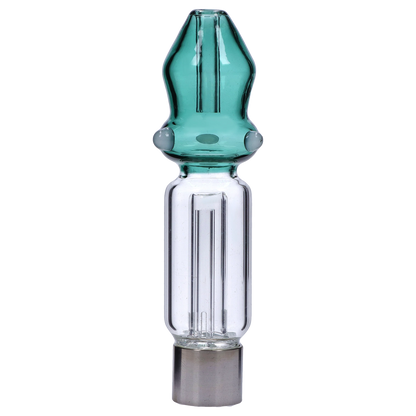 Centered close-up of the Smoke Cartel Mini Mosque Nectar Collector - 10mm showing a teal frosted top bulb over a clear cylindrical chamber with an internal percolator.