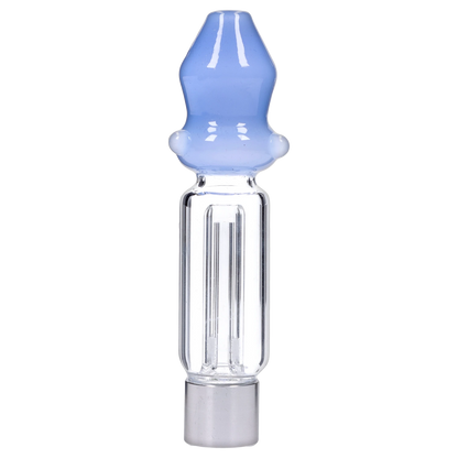 Centered, close-up front view of the Smoke Cartel Mini Mosque Nectar Collector - 10mm showing its light blue frosted tip and clear glass body against a soft gray striped background