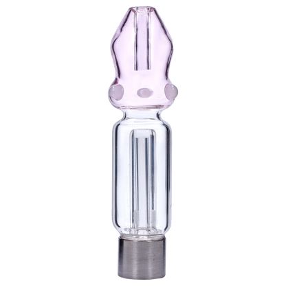 Centered close-up of a translucent pink-tinted Smoke Cartel Mini Mosque Nectar Collector - 10mm shown upright with its bulbous mouthpiece, clear central tube and metal base against a pale striped background