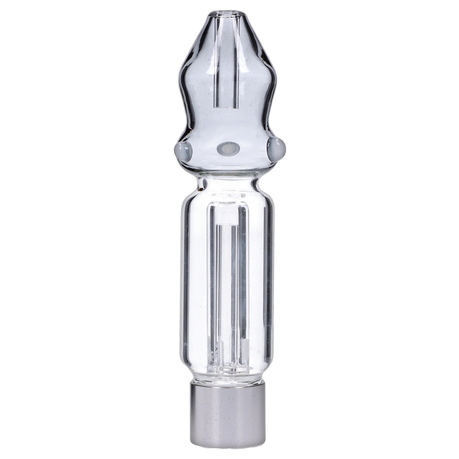 Centered close-up front view of the Smoke Cartel Mini Mosque Nectar Collector - 10mm in smoked clear glass against a neutral gray background.