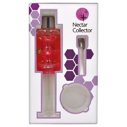 Top-down close-up of the boxed Liquid Nectar Collector Freezable showing a red glass tip, frosted stem and purple hexagon graphics.