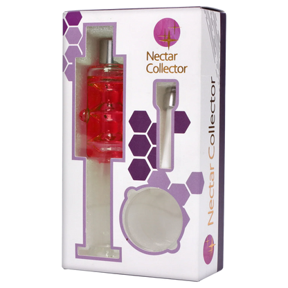 Angled close-up of the Liquid Nectar Collector Freezable in its white windowed box showing a red glass tip and metal mouthpiece against purple hexagon graphics
