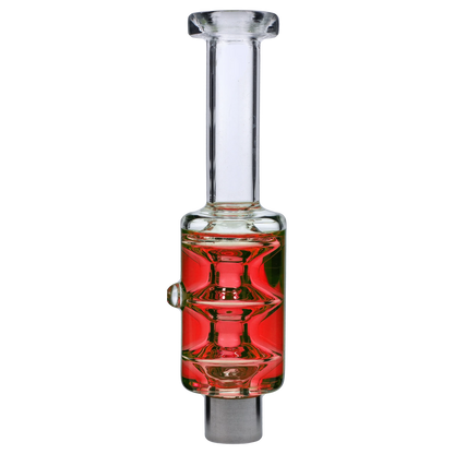 Straight-on view of a clear glass Liquid Nectar Collector Freezable with a glossy red, ribbed midsection and metal tip against a white background