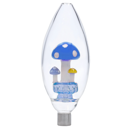 Close-up front view of the Smoke Cartel Egg with Mushroom Perc Nectar Collector - 14mm showing three glass mushrooms (blue, yellow, pale purple) inside a clear teardrop chamber.