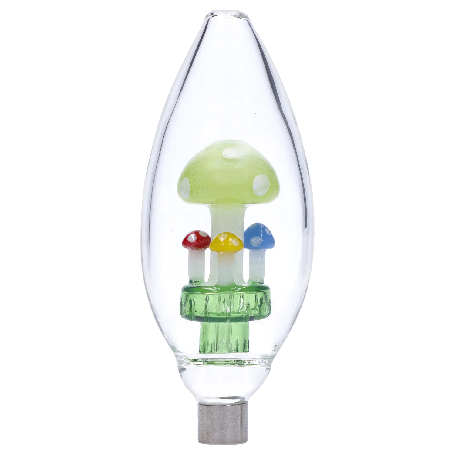 Close-up front view of the Smoke Cartel Egg with Mushroom Perc Nectar Collector - 14mm showing a clear teardrop chamber with a large green mushroom and three small red, yellow, and blue mushroom accents.