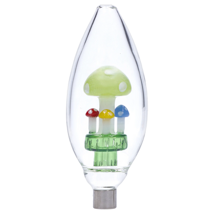 Close-up front view of the Smoke Cartel Egg with Mushroom Perc Nectar Collector - 14mm showing a clear teardrop chamber with a large green mushroom and three small red, yellow, and blue mushroom accents.