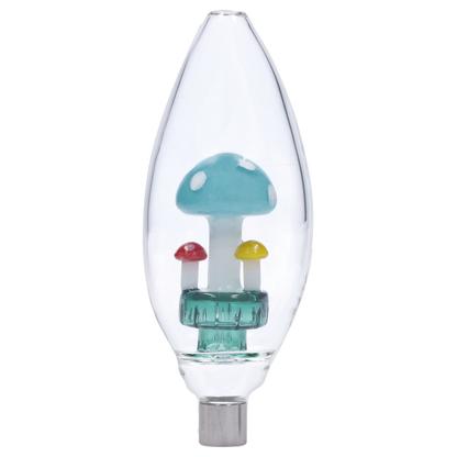 Close-up front view of the Smoke Cartel Egg with Mushroom Perc Nectar Collector - 14mm showing three glass mushrooms (blue, red, yellow) suspended inside a clear egg-shaped chamber.