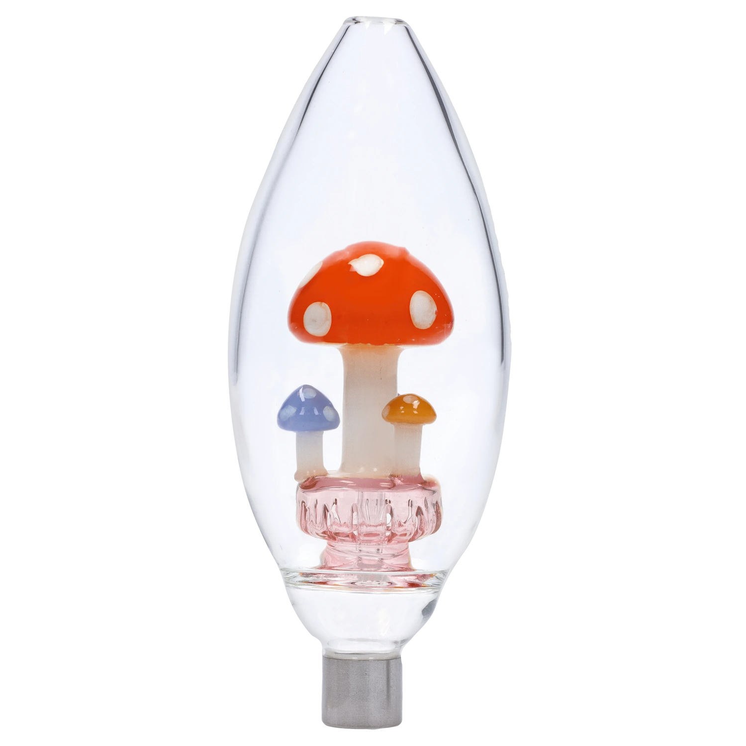 Close-up front view of the Smoke Cartel Egg with Mushroom Perc Nectar Collector - 14mm showing three colorful glass mushrooms inside a clear egg-shaped body.
