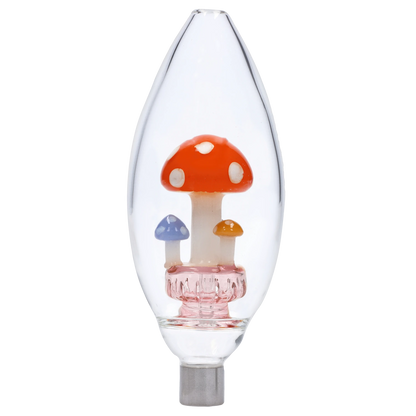 Close-up front view of the Smoke Cartel Egg with Mushroom Perc Nectar Collector - 14mm showing three colorful glass mushrooms inside a clear egg-shaped body.