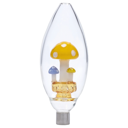 Smoke Cartel Egg with Mushroom Perc Nectar Collector - 14mm shown in close-up, teardrop glass chamber with three small colorful mushroom sculptures inside.