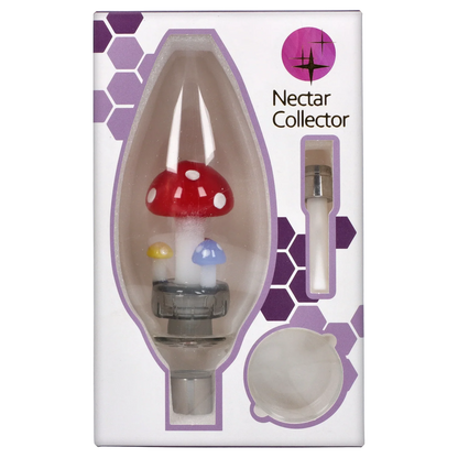 Packaged front view of the Smoke Cartel Egg with Mushroom Perc Nectar Collector - 14mm showing a red spotted mushroom glass piece and two smaller yellow and blue mushrooms inside a clear blister window.